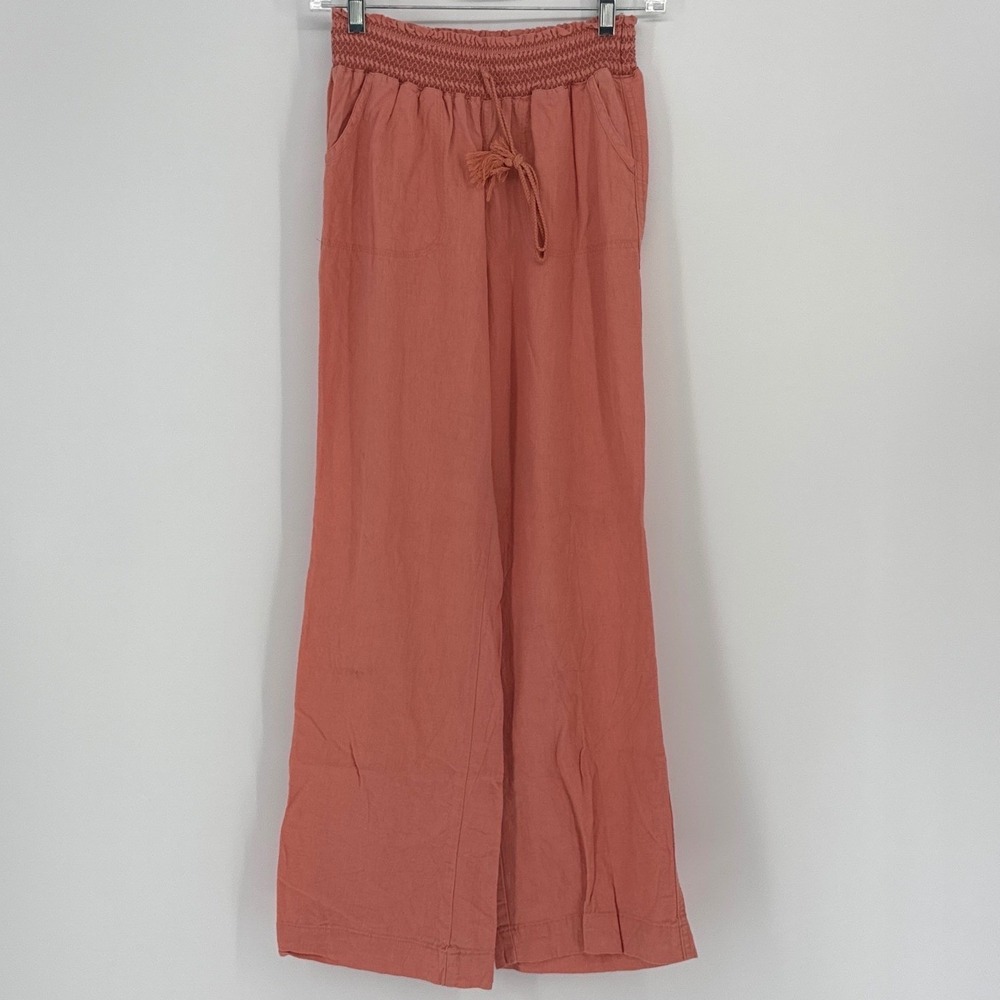 Sound Style Womens Wide Leg Linen Blend Pants Size M Coral Smocked Waist Boho